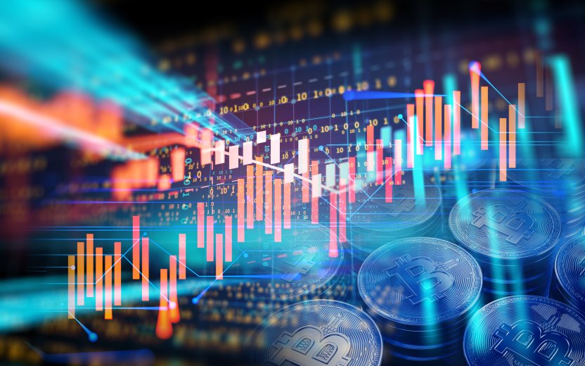 Stylized graphic with chart lines and crypto coins on a black background.