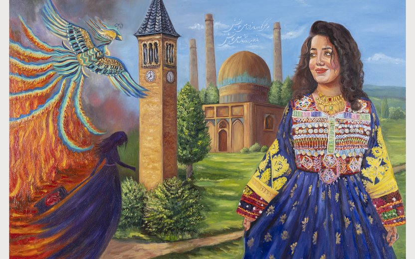 Oil painting by Elja Sharifi the includes a self-portrait gazing at a phoenix-like bird and symbols of het home in Afghanistan and Cornell.