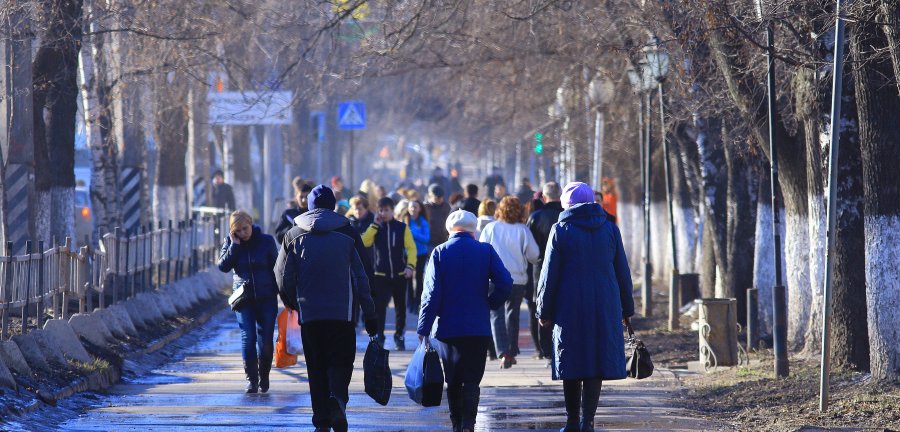 People walking down street in Russia
