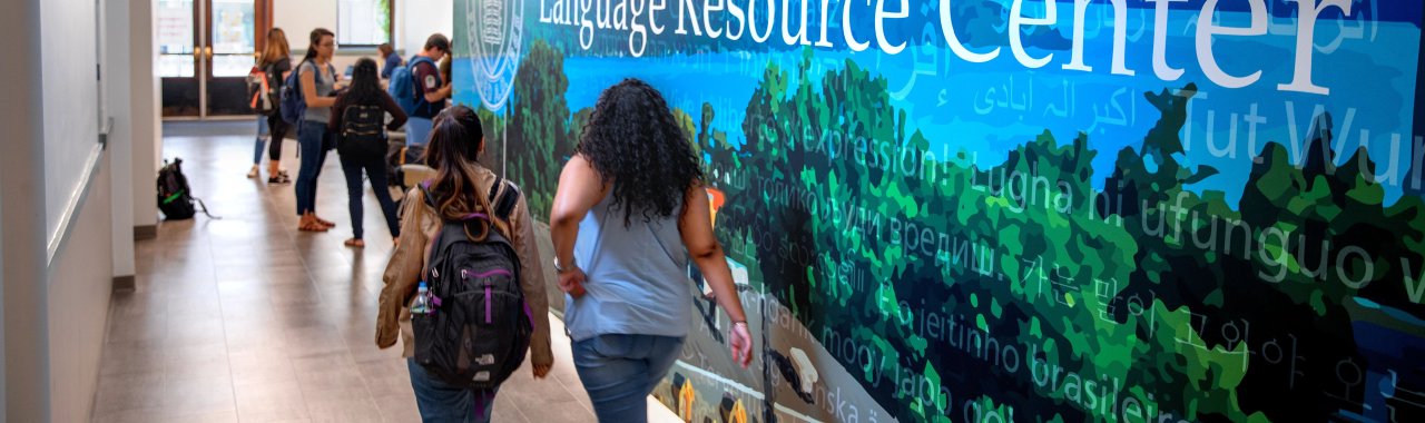 Two students working by a wall that has a posterized view of Cornell and says Language Resource Center.