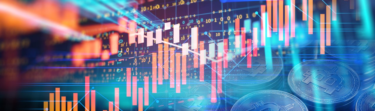 Stylized graphic with chart lines and crypto coins on a black background.