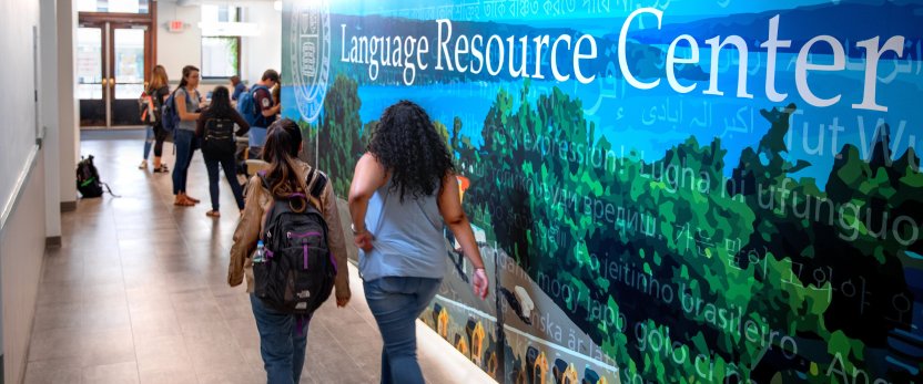 Two students working by a wall that has a posterized view of Cornell and says Language Resource Center.