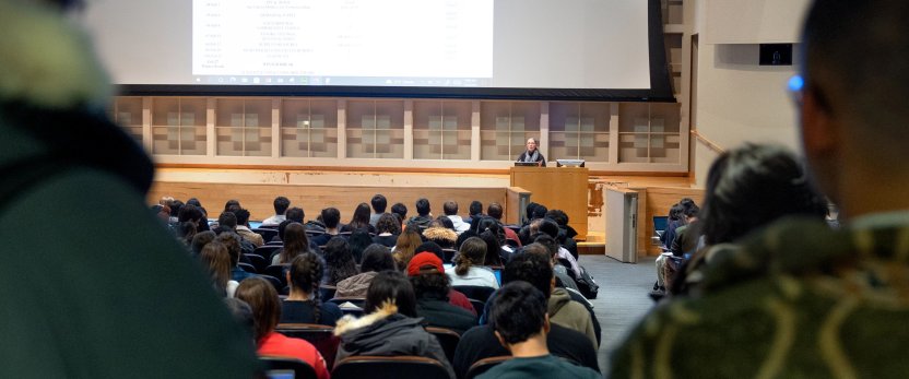 Students attending class in Alice Statler Auditorium