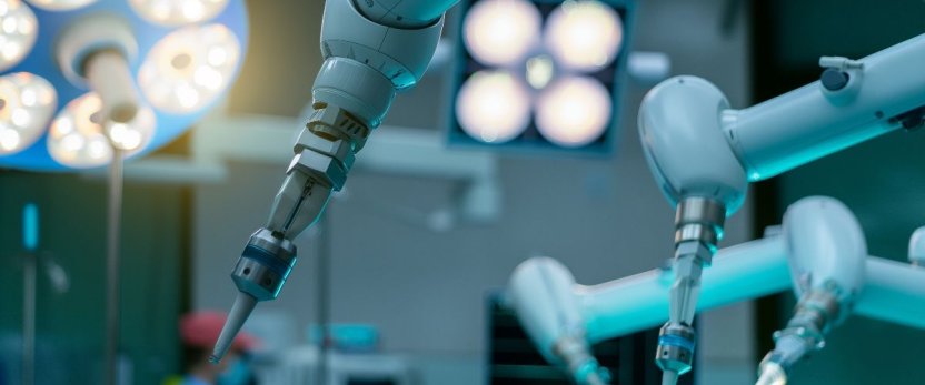 Robotic arms in surgical setting.