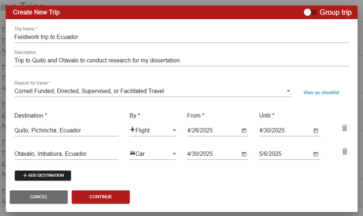 Create New Trip Pop Up - Travel Registry