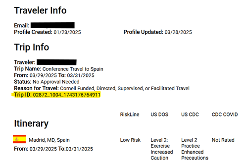 Travel Registry Trip Info Email View