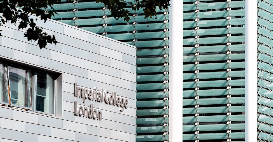 Closeup of modern buildings with a Imperial College London as building signage.