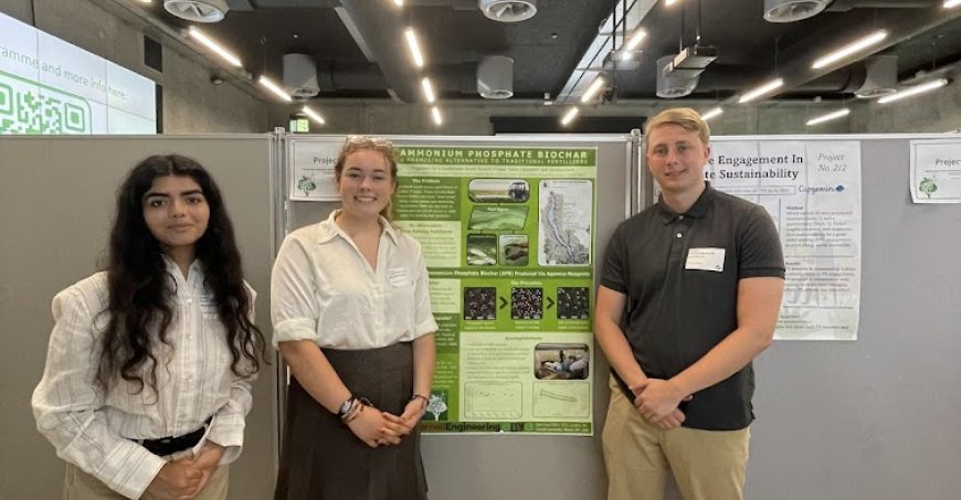 A team of Cornell students at the DTU Green Challenge pose for a photo with their research poster.