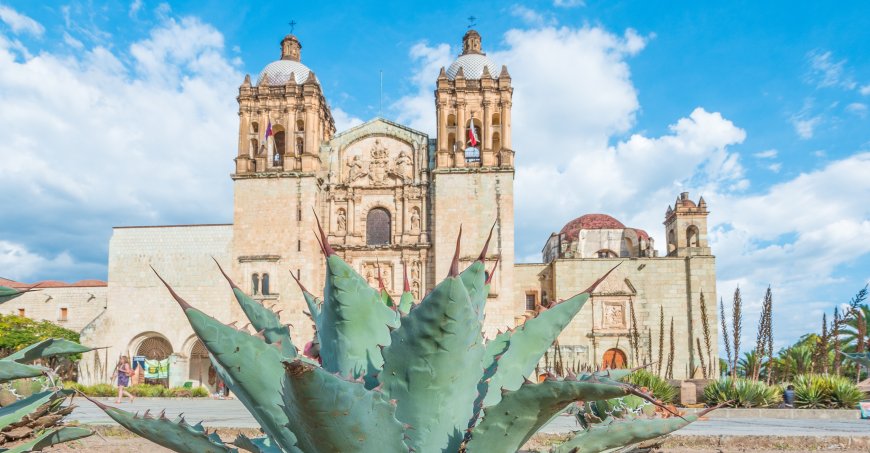 Landmark Santo Domingo Cathedral in historic Oaxaca city center.