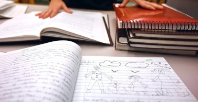 Open notebooks with journal entries showing. 