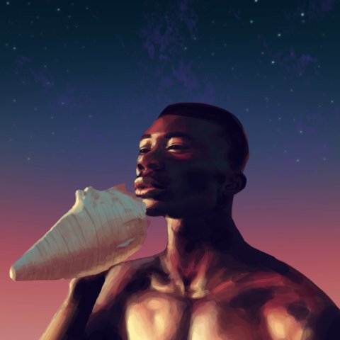 A dark skinned man blows air into a conch shell. The background is a pink, purple, and blue nightscape.