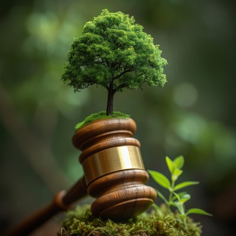 Green tree metaphorically growing out of a gavel.